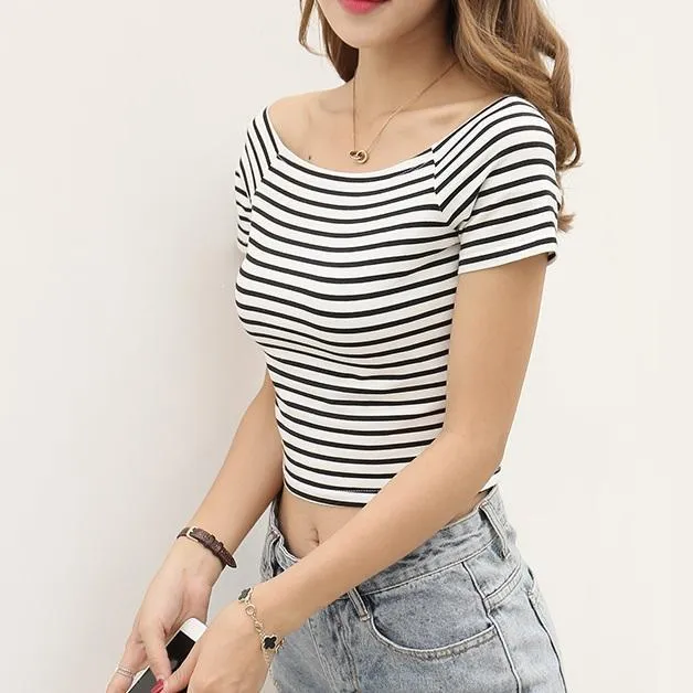 Striped Slash Neck Crop T-Shirt