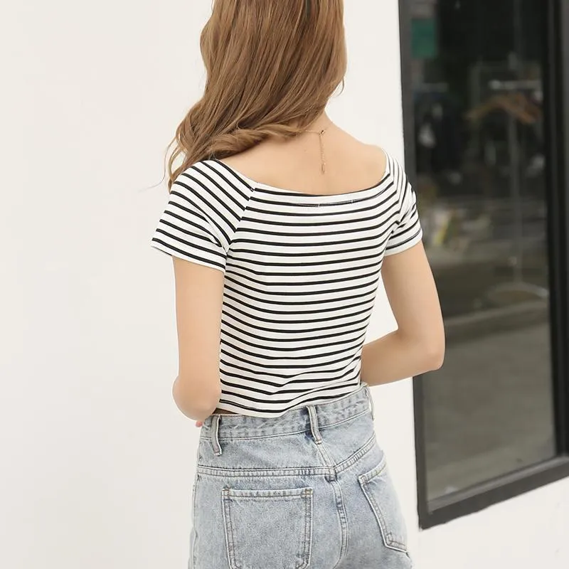 Striped Slash Neck Crop T-Shirt