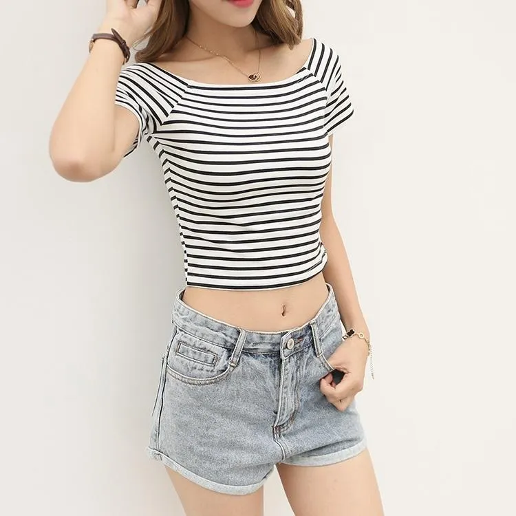 Striped Slash Neck Crop T-Shirt