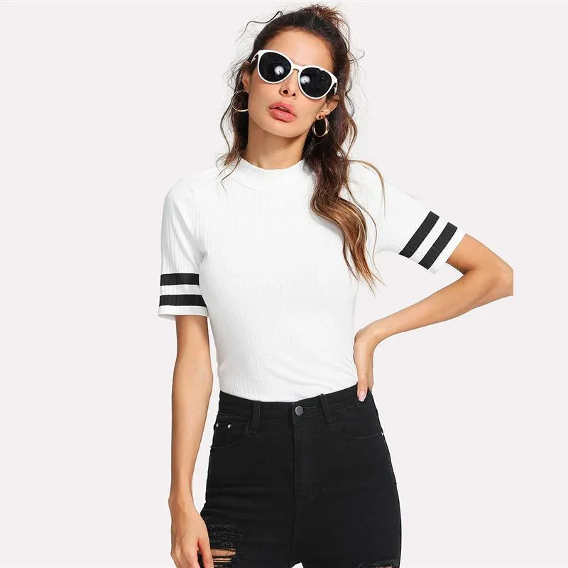 Striped Stand Collar T-Shirt