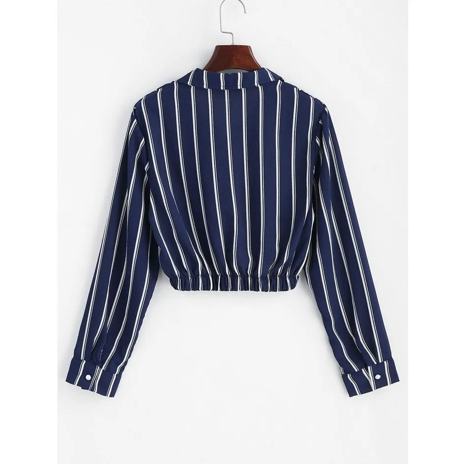 Striped Turn-Down Collar Crop Shirt