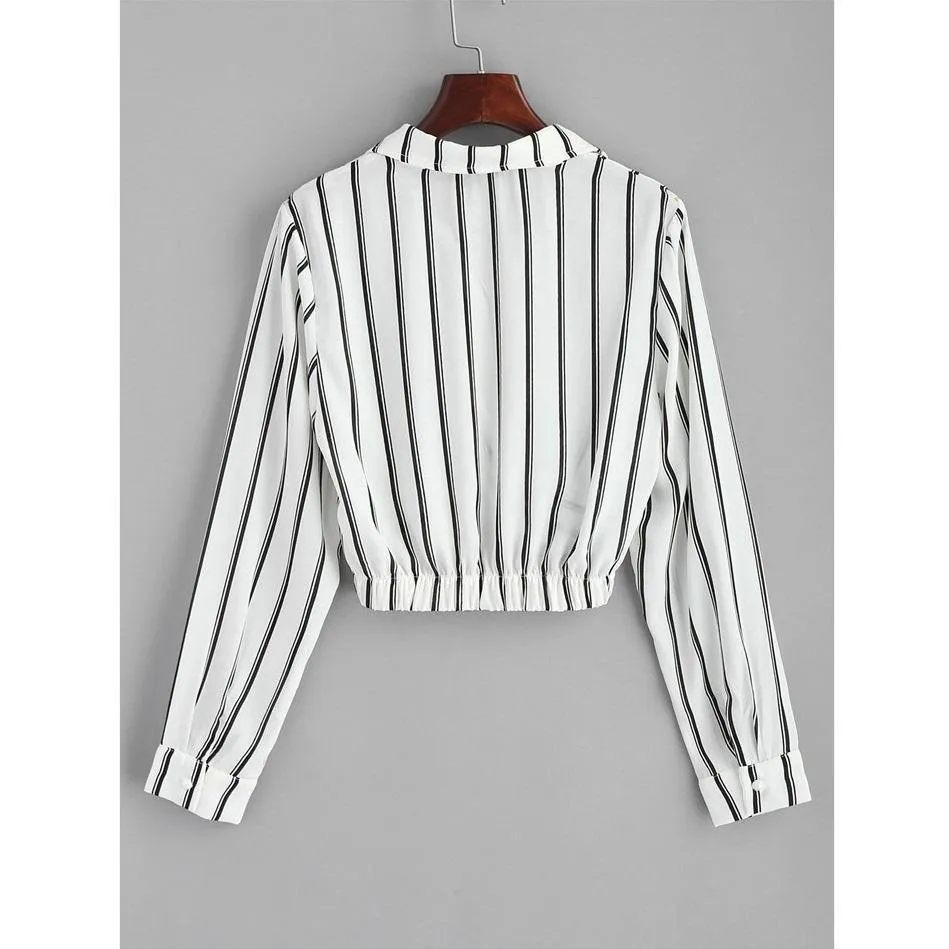 Striped Turn-Down Collar Crop Shirt