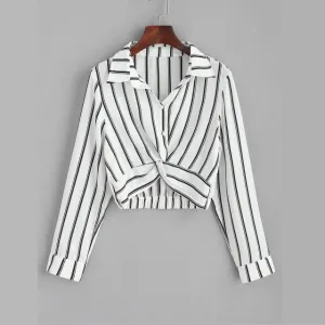Striped Turn-Down Collar Crop Shirt