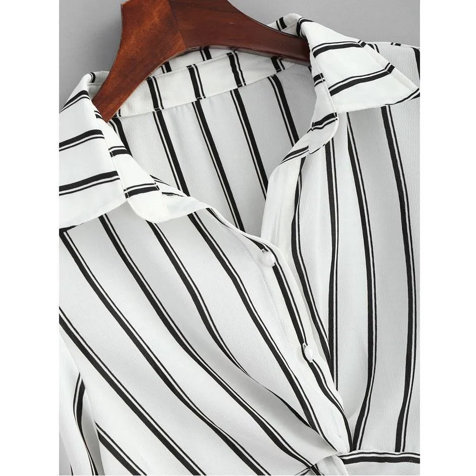 Striped Turn-Down Collar Crop Shirt