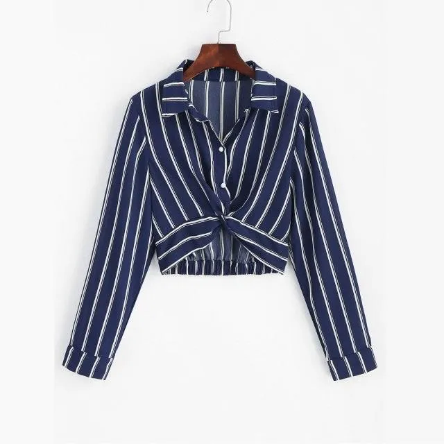 Striped Turn-Down Collar Crop Shirt