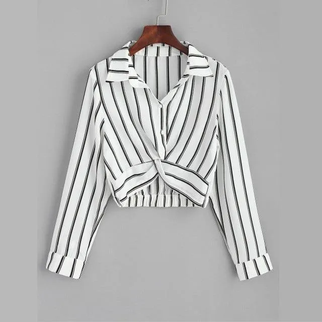 Striped Turn-Down Collar Crop Shirt