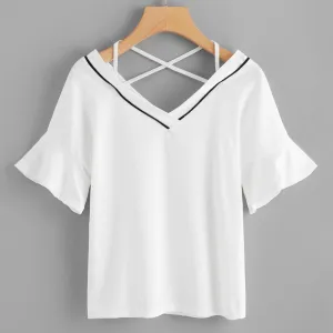 Striped V-Neck Short T-Shirt