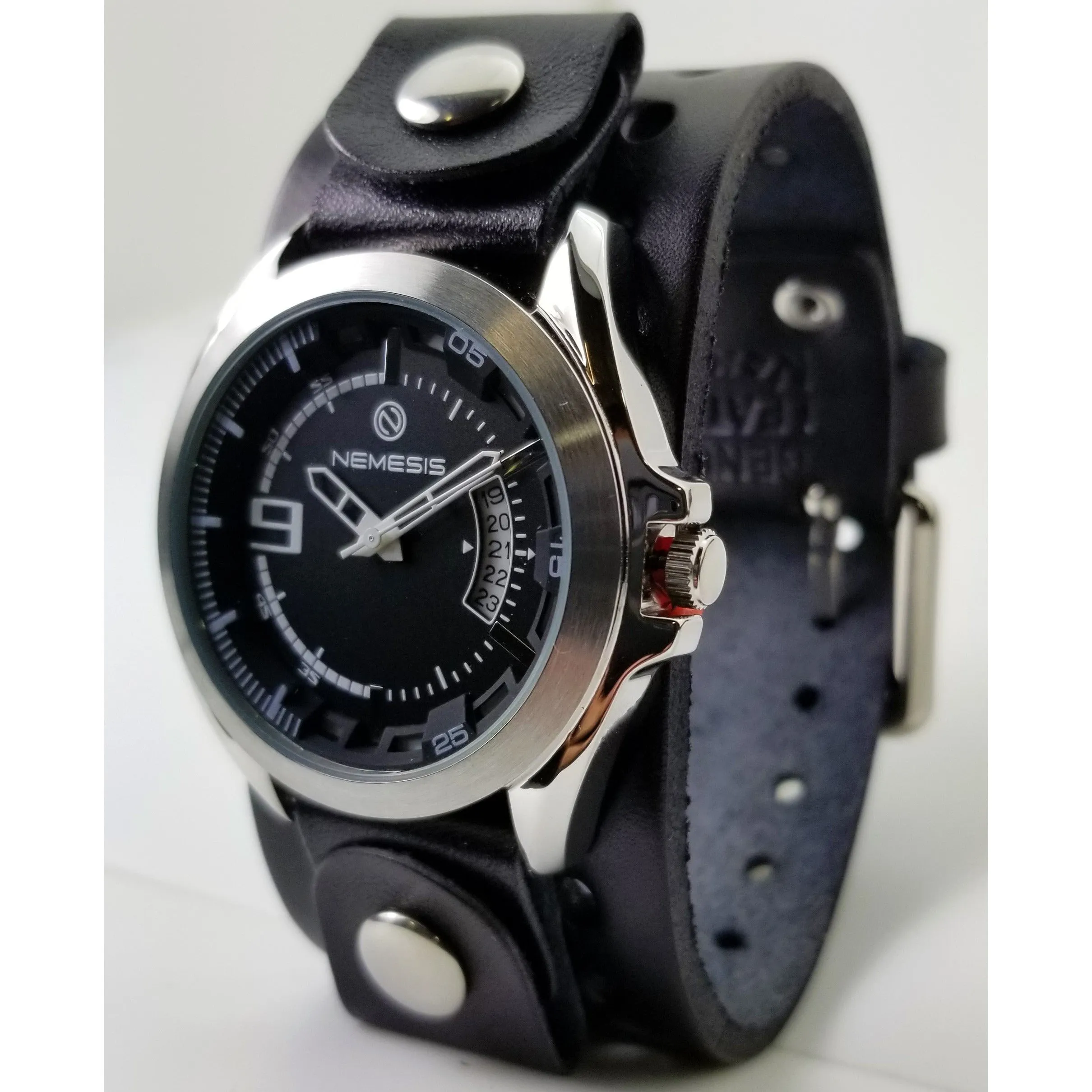 Sully Black/White Watch with Perforated Black Leather Cuff