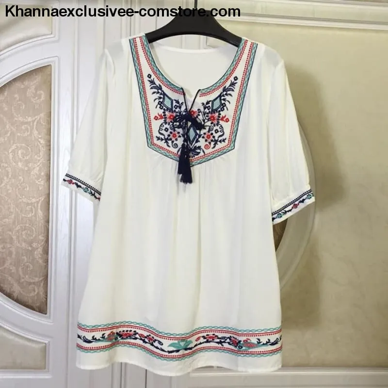 Summer Ethnic Boho Embroidery Women's Short Sleeve Casual Blouse Plus Size Top