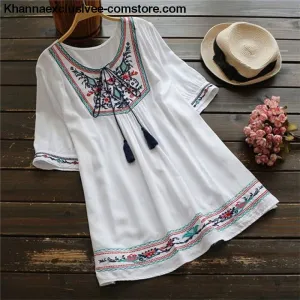 Summer Ethnic Boho Embroidery Women's Short Sleeve Casual Blouse Plus Size Top