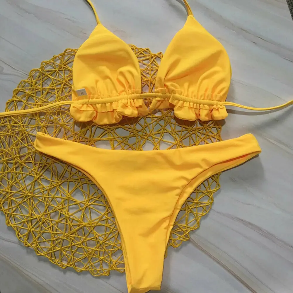 Summer Women Sexy Bandage Brazilian Bikini Set Top Thong Bottom Set Beach Push-up Swimwear Ladies Lace Up Swimsuit Beachwear