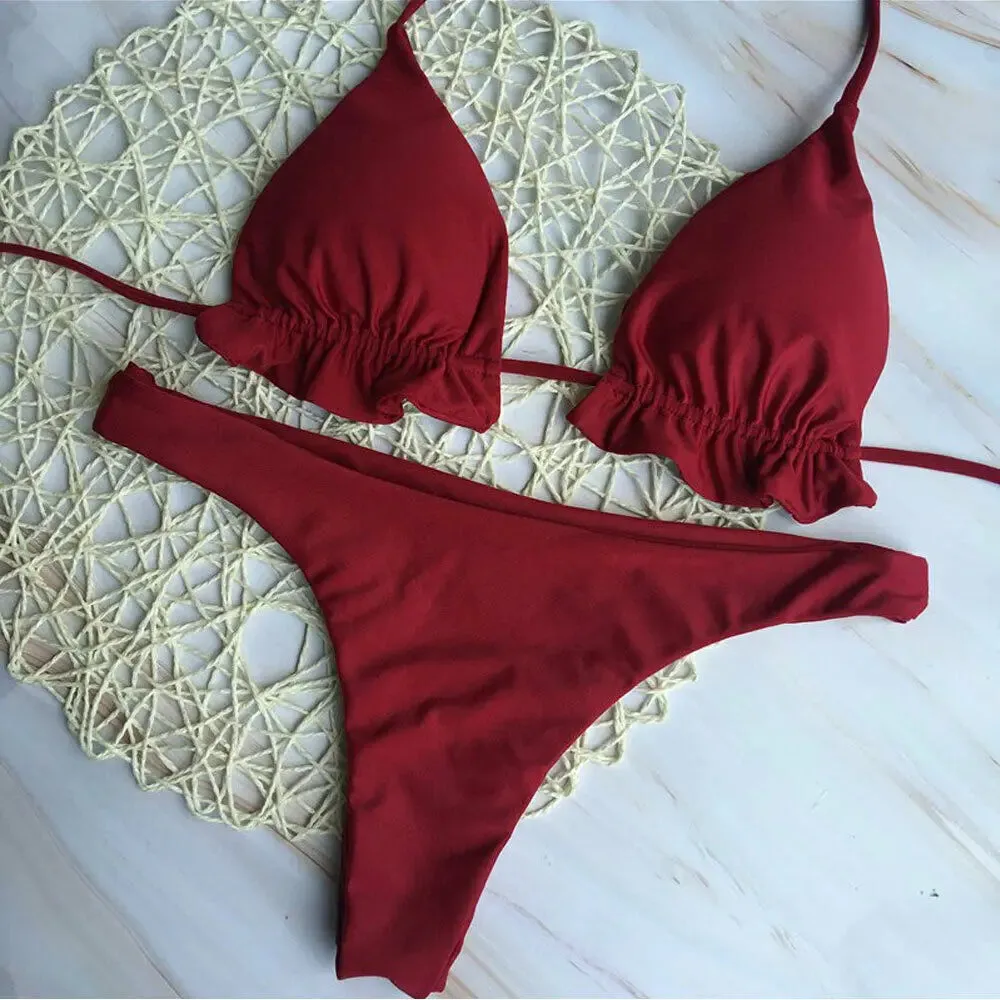 Summer Women Sexy Bandage Brazilian Bikini Set Top Thong Bottom Set Beach Push-up Swimwear Ladies Lace Up Swimsuit Beachwear