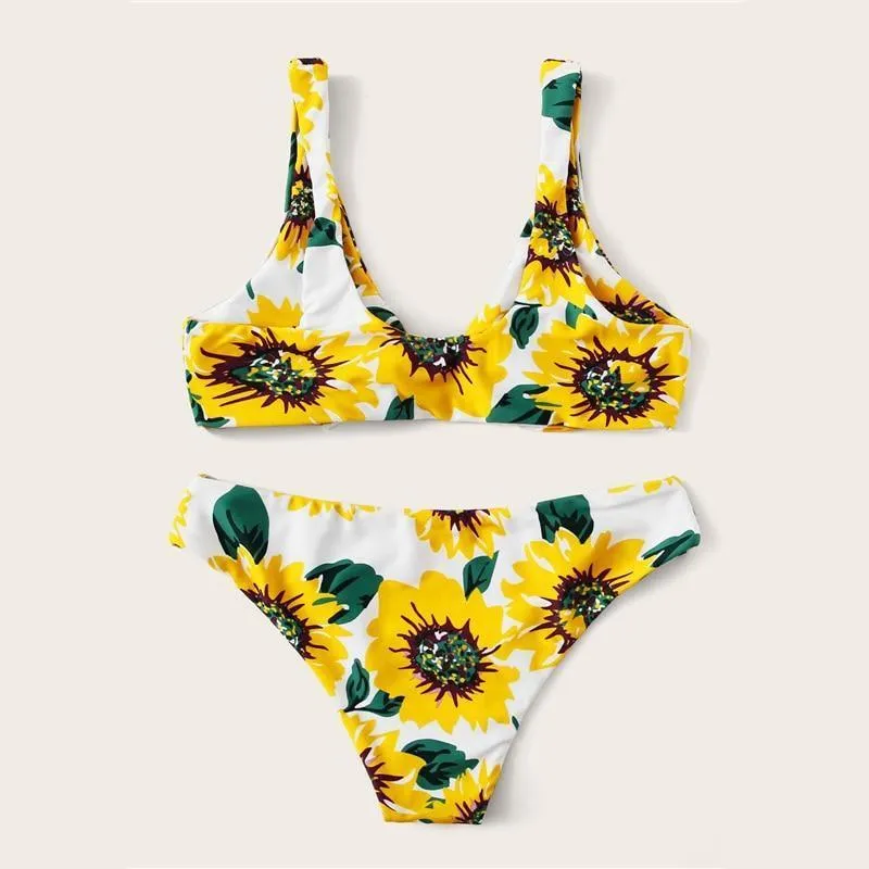 Sunflower Print Knot Boho Bikini Set Women Swimwear Chest pad Beachwear