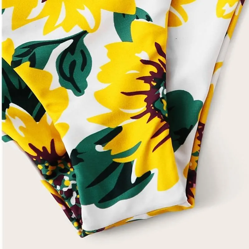 Sunflower Print Knot Boho Bikini Set Women Swimwear Chest pad Beachwear