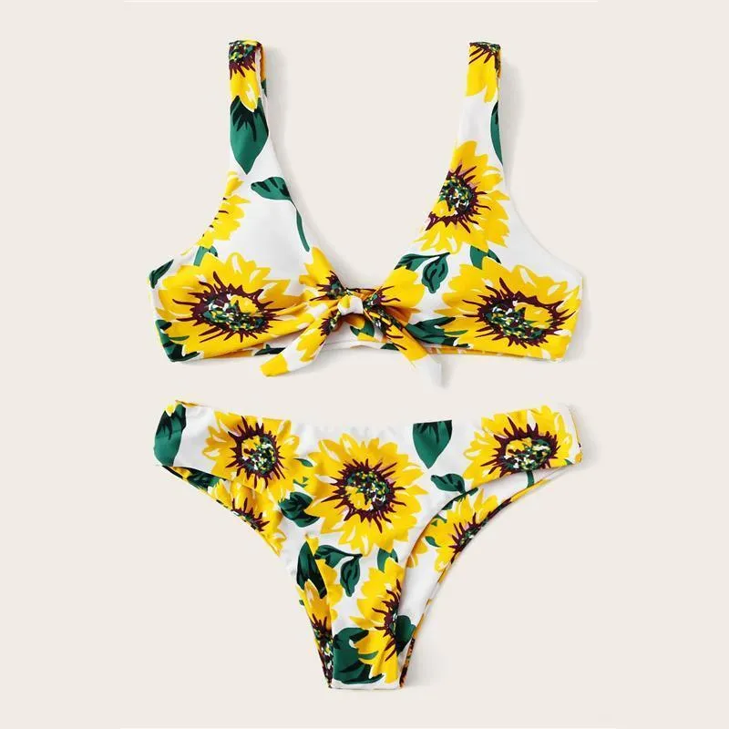 Sunflower Print Knot Boho Bikini Set Women Swimwear Chest pad Beachwear
