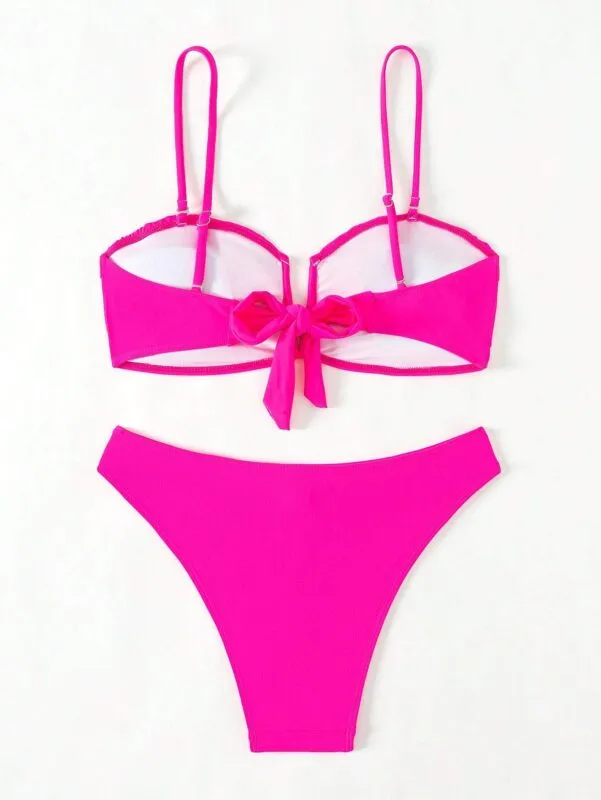 Swim Mod Women Summer Beach Solid Ruffle Trim Removable Spaghetti Strap Bikini Set