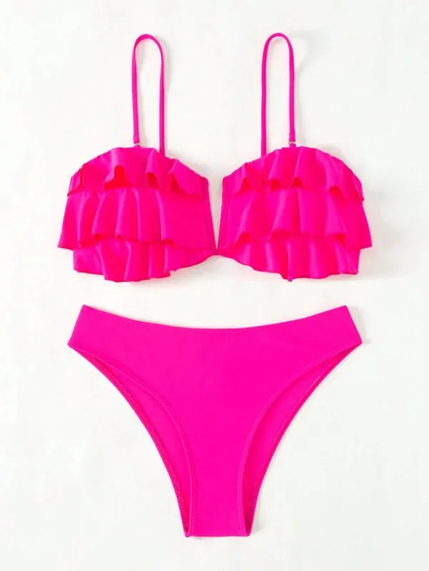 Swim Mod Women Summer Beach Solid Ruffle Trim Removable Spaghetti Strap Bikini Set