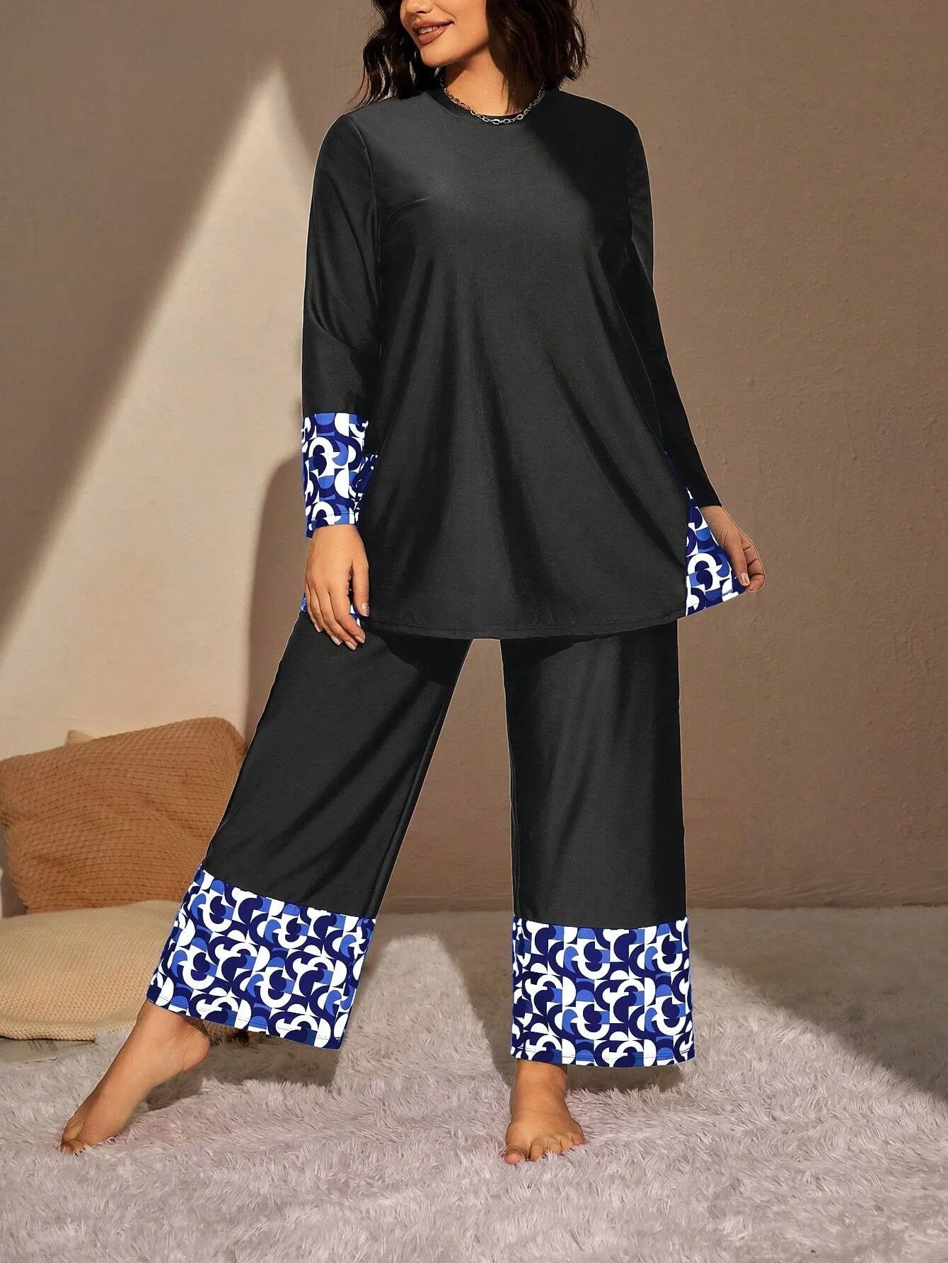 Swim Mulvari Summer Beach plus Geo Print High Waist Modest Swimsuit