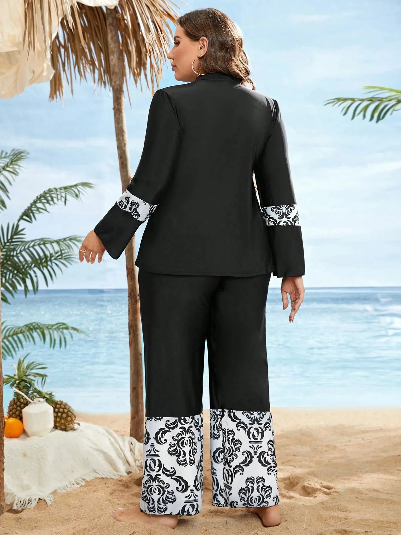 Swim Mulvari Summer Beach plus Geo Print High Waist Modest Swimsuit