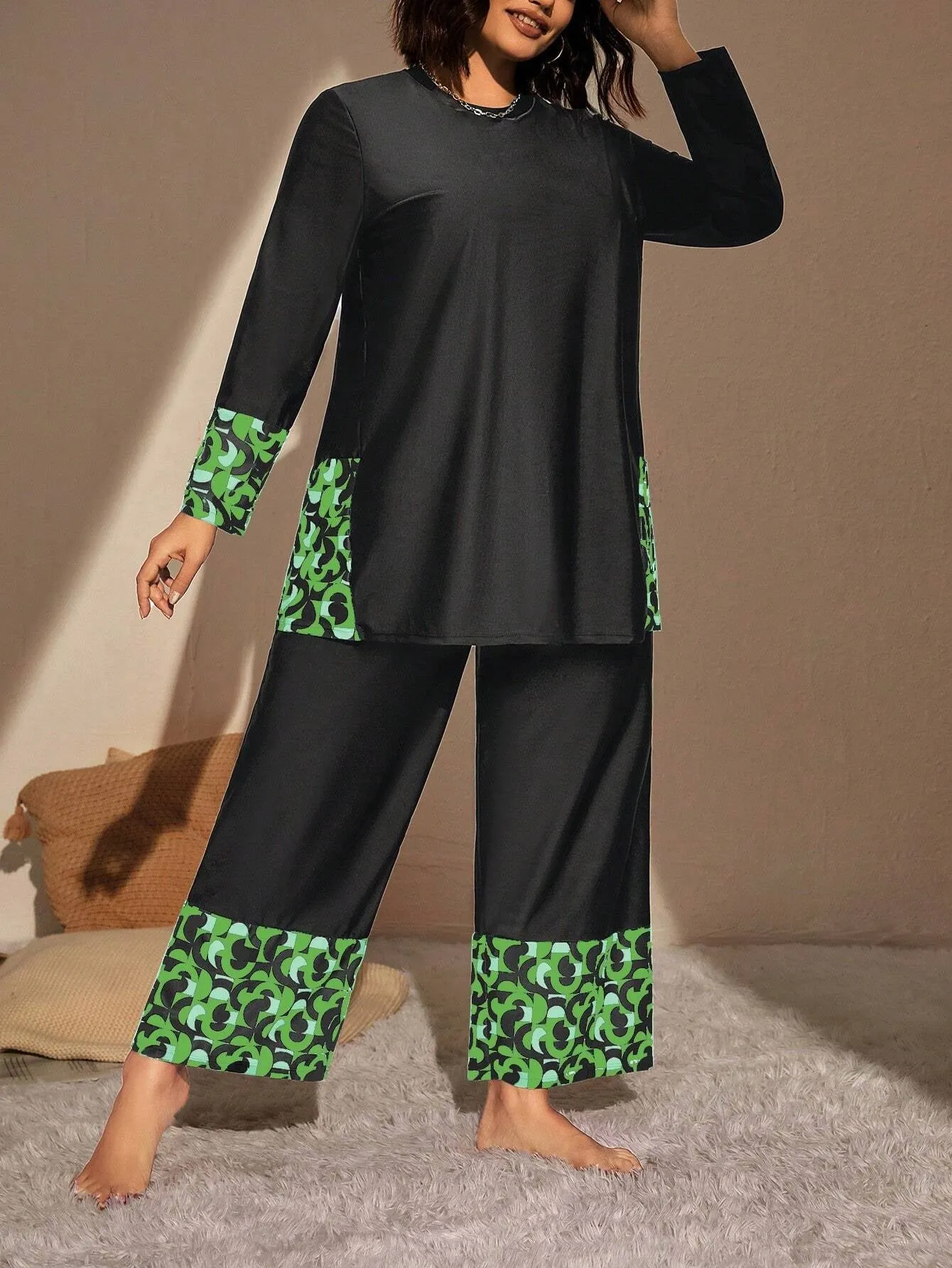 Swim Mulvari Summer Beach plus Geo Print High Waist Modest Swimsuit