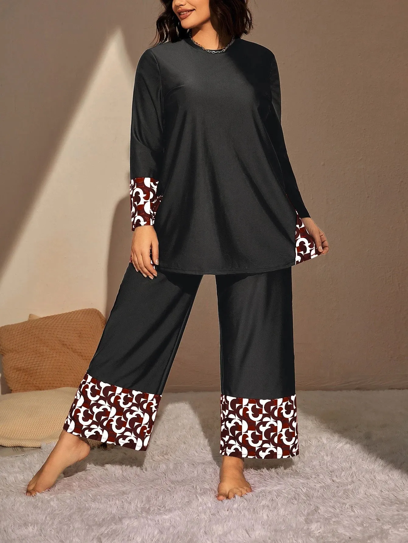 Swim Mulvari Summer Beach plus Geo Print High Waist Modest Swimsuit