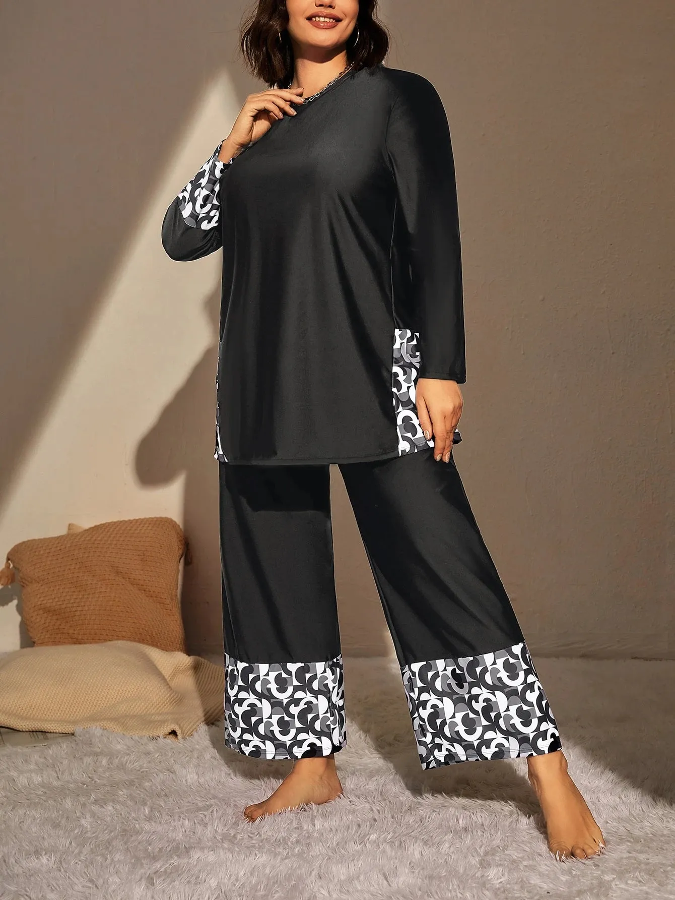 Swim Mulvari Summer Beach plus Geo Print High Waist Modest Swimsuit