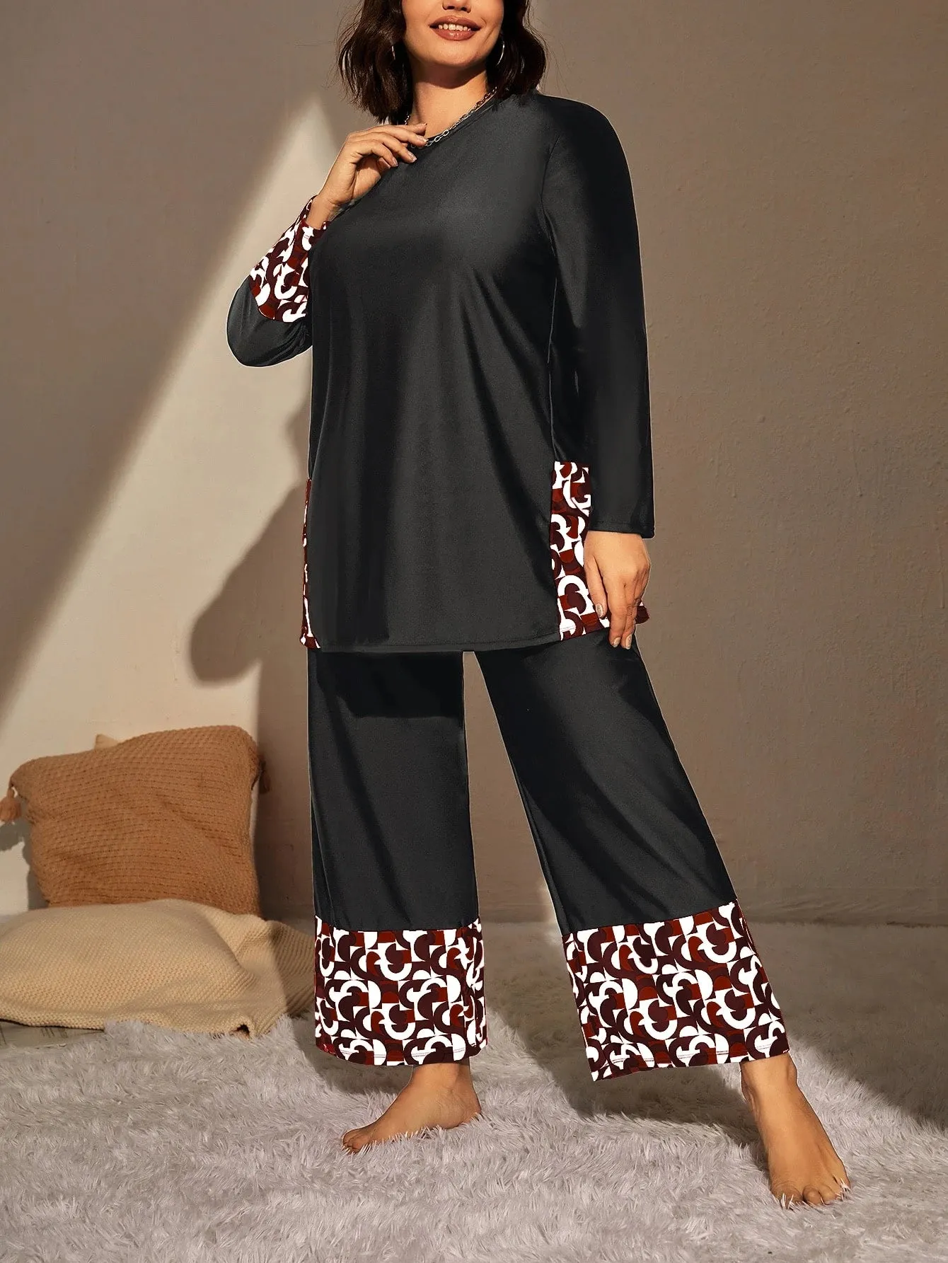 Swim Mulvari Summer Beach plus Geo Print High Waist Modest Swimsuit