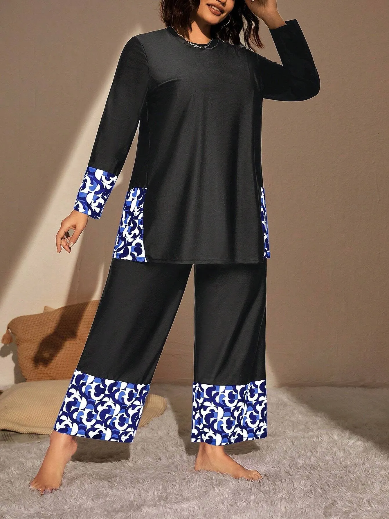 Swim Mulvari Summer Beach plus Geo Print High Waist Modest Swimsuit