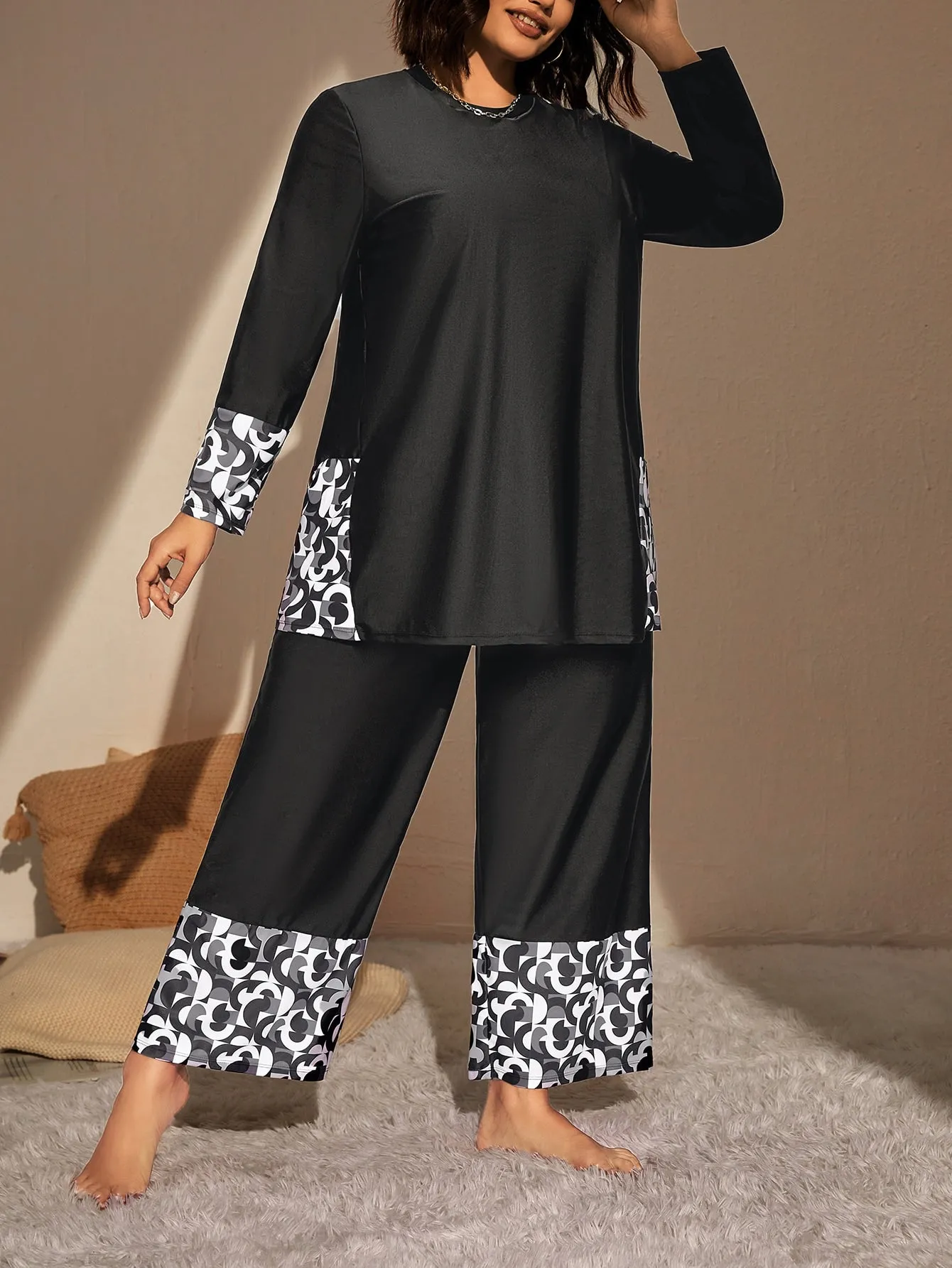Swim Mulvari Summer Beach plus Geo Print High Waist Modest Swimsuit
