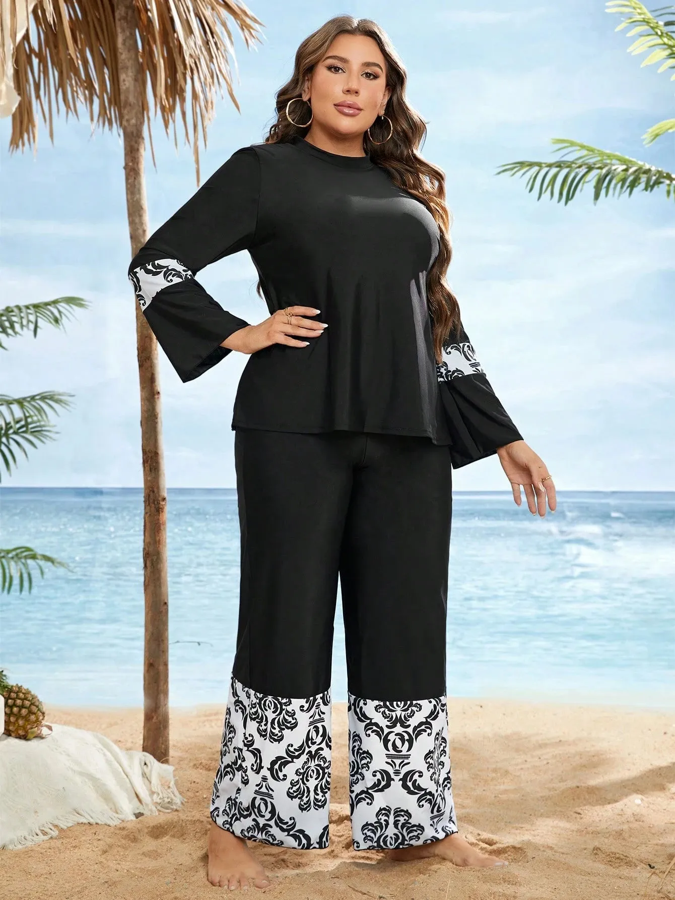 Swim Mulvari Summer Beach plus Geo Print High Waist Modest Swimsuit