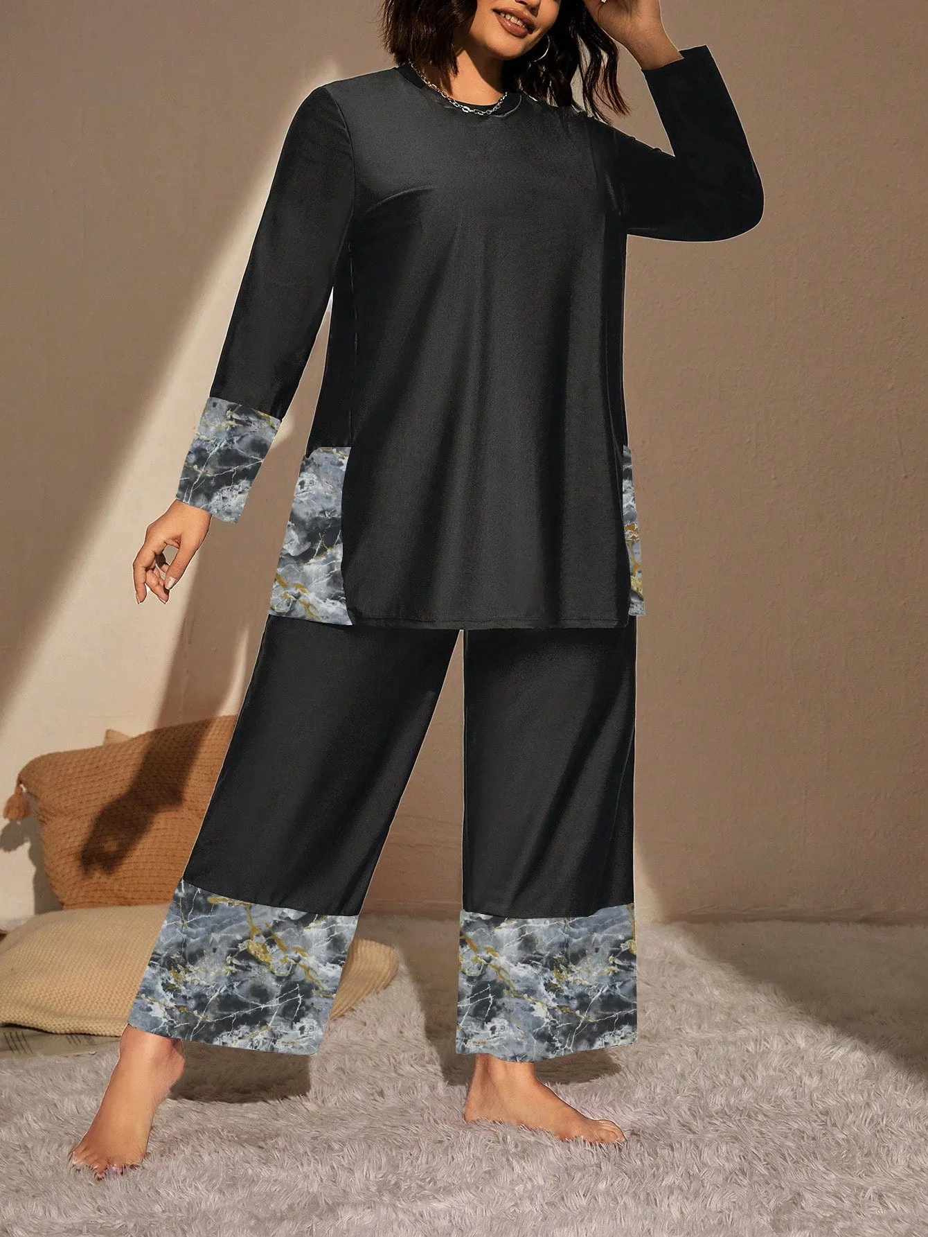 Swim Mulvari Summer Beach plus Geo Print High Waist Modest Swimsuit