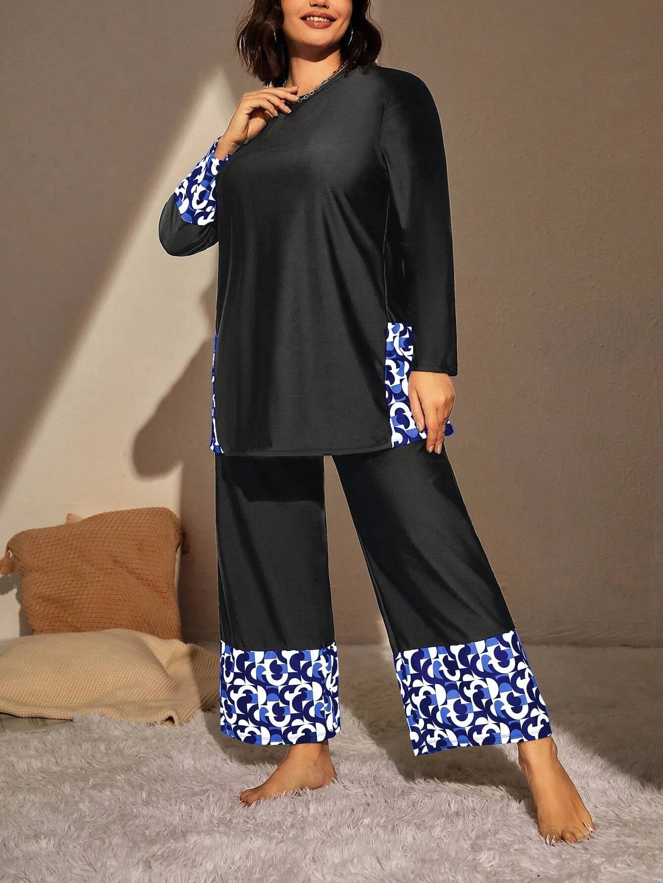 Swim Mulvari Summer Beach plus Geo Print High Waist Modest Swimsuit