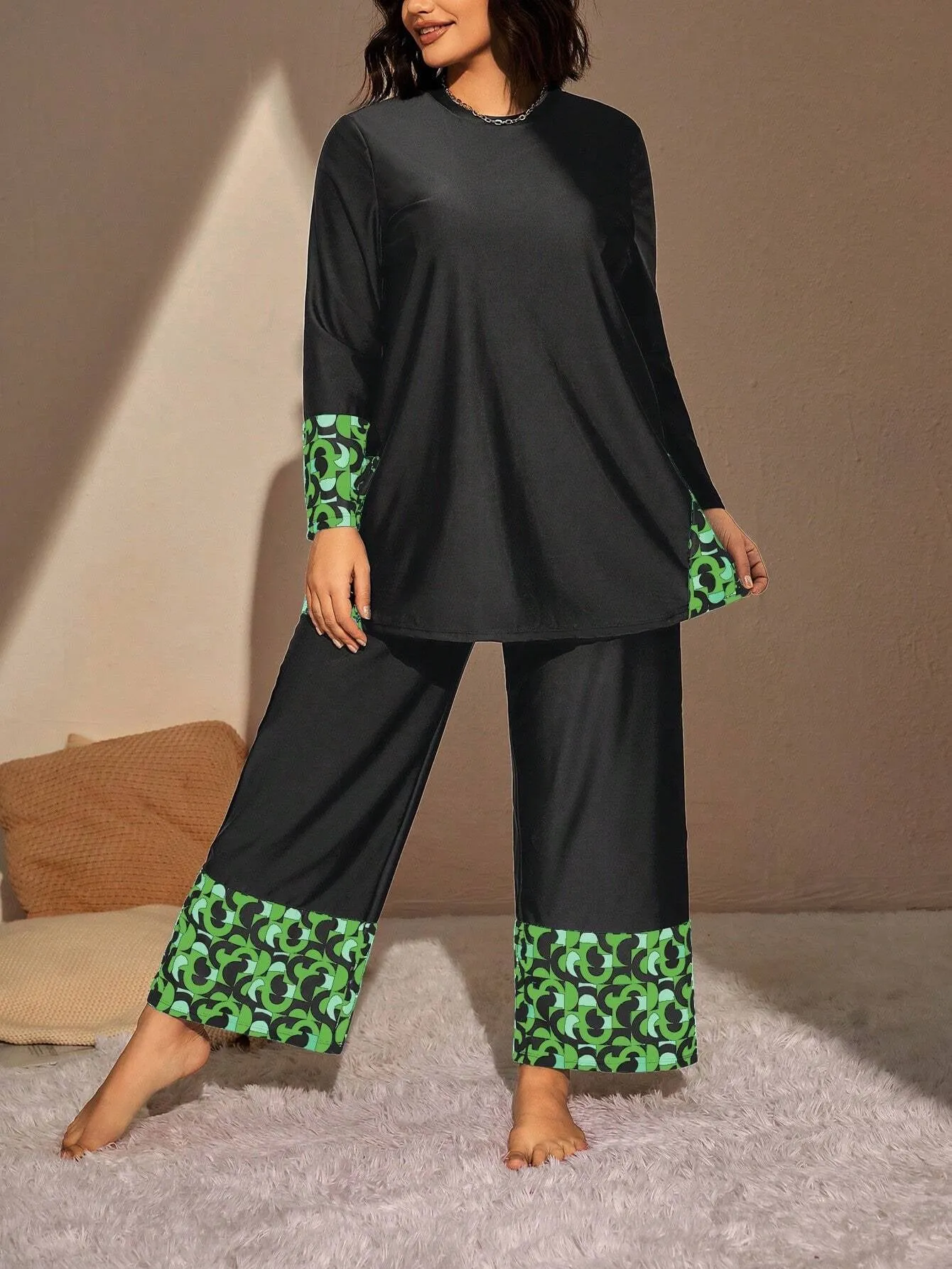 Swim Mulvari Summer Beach plus Geo Print High Waist Modest Swimsuit