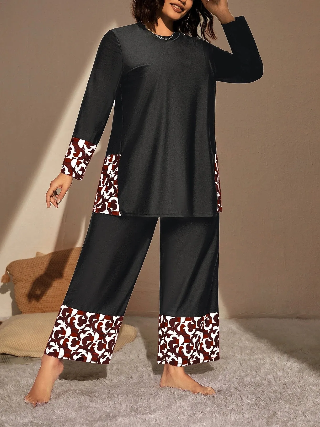 Swim Mulvari Summer Beach plus Geo Print High Waist Modest Swimsuit
