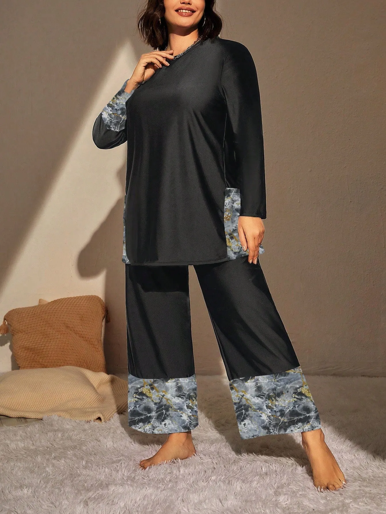 Swim Mulvari Summer Beach plus Geo Print High Waist Modest Swimsuit