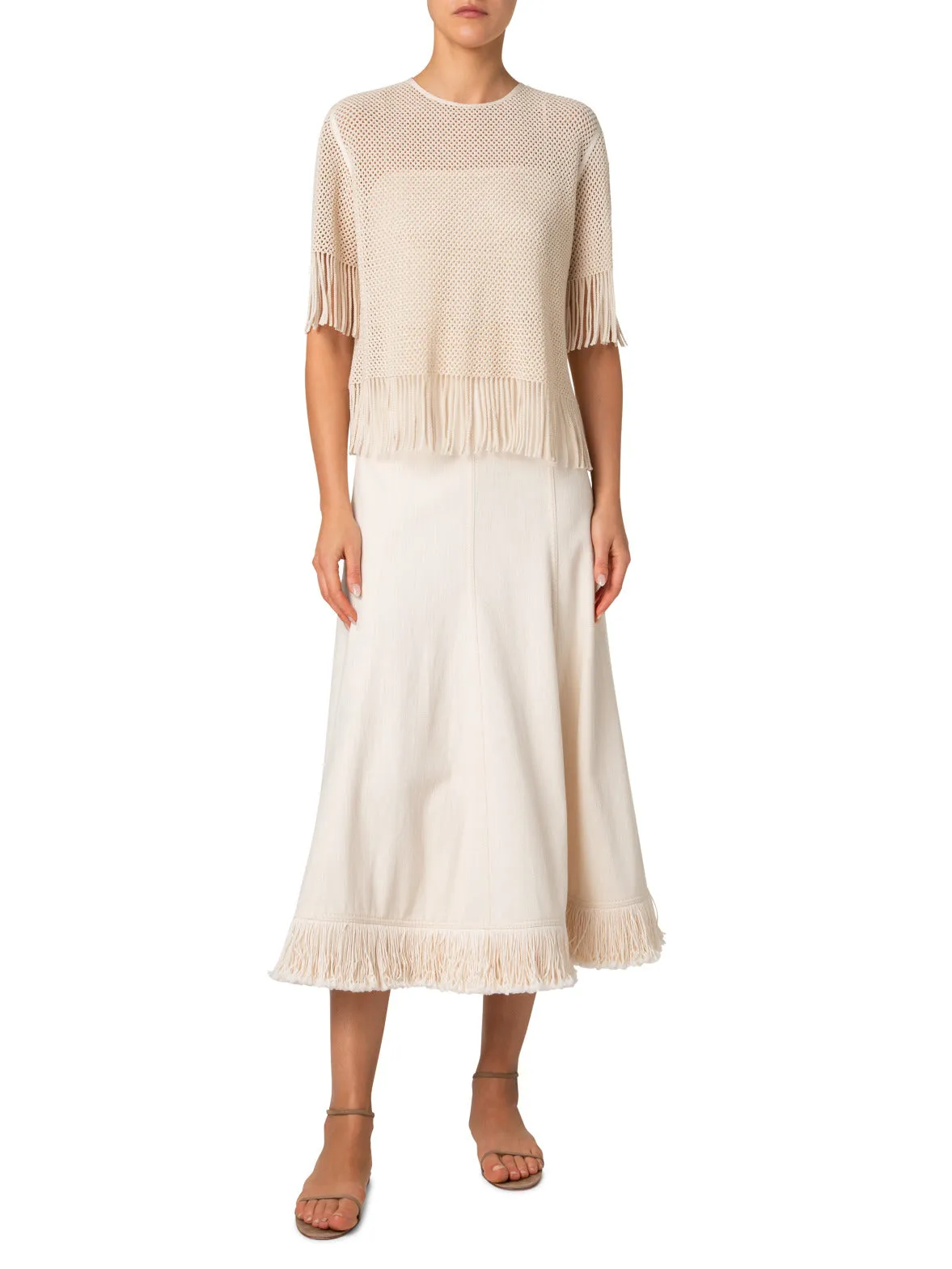 T-Shirt in Cotton Mesh wth Fringes
