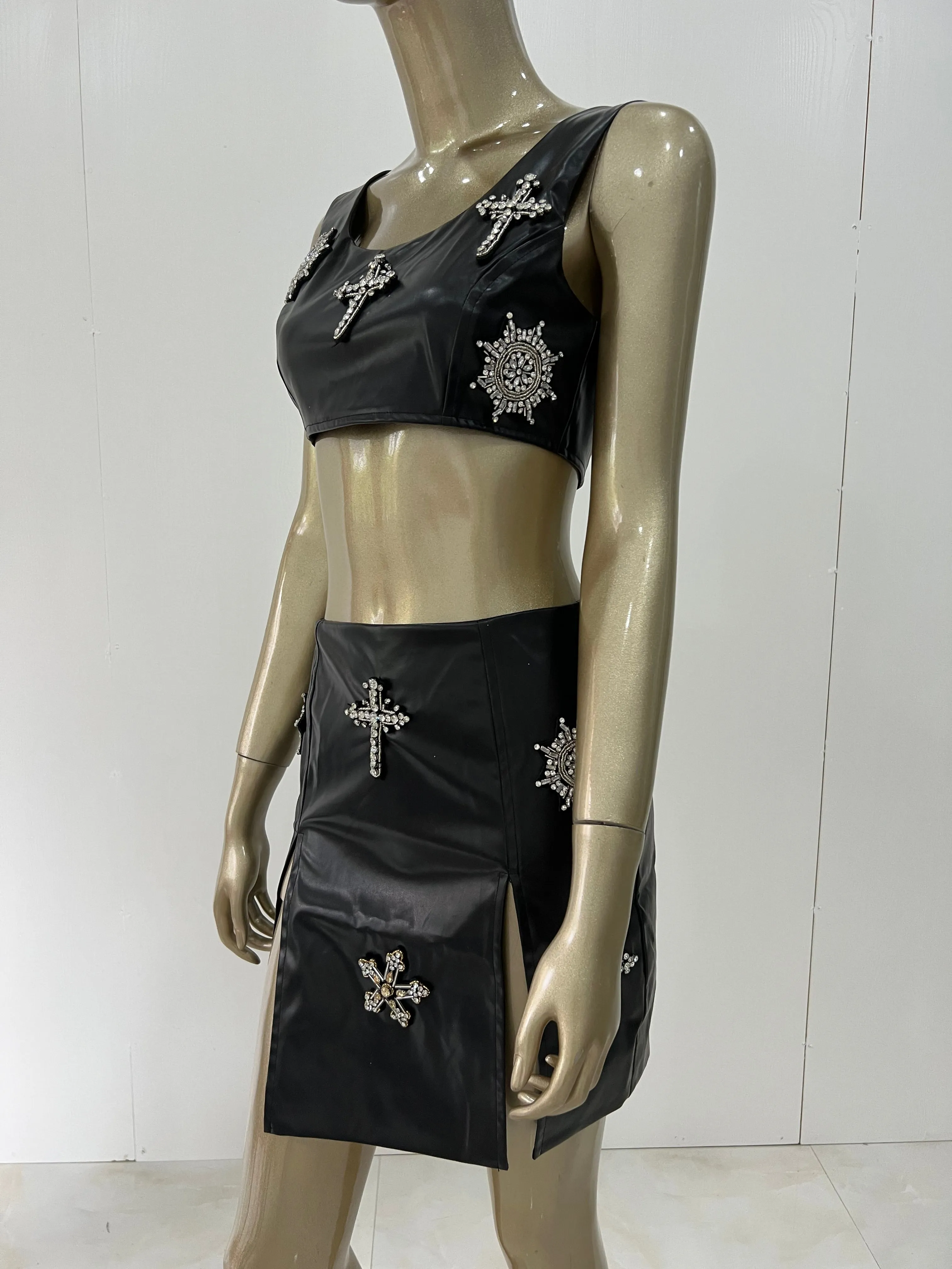 Tank Split Crystal Beading Faux Leanther Black Bodycon Mini Set
