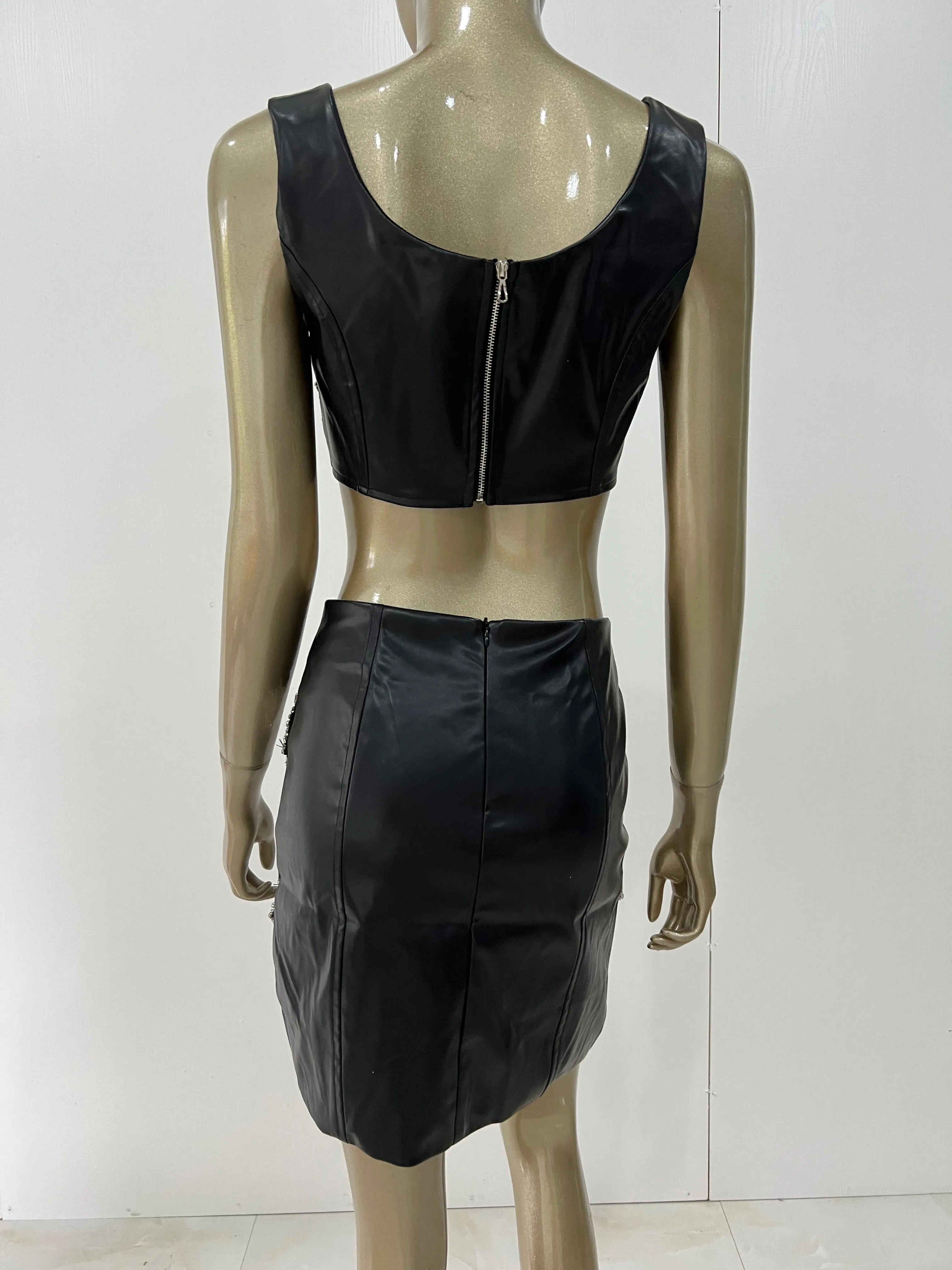 Tank Split Crystal Beading Faux Leanther Black Bodycon Mini Set
