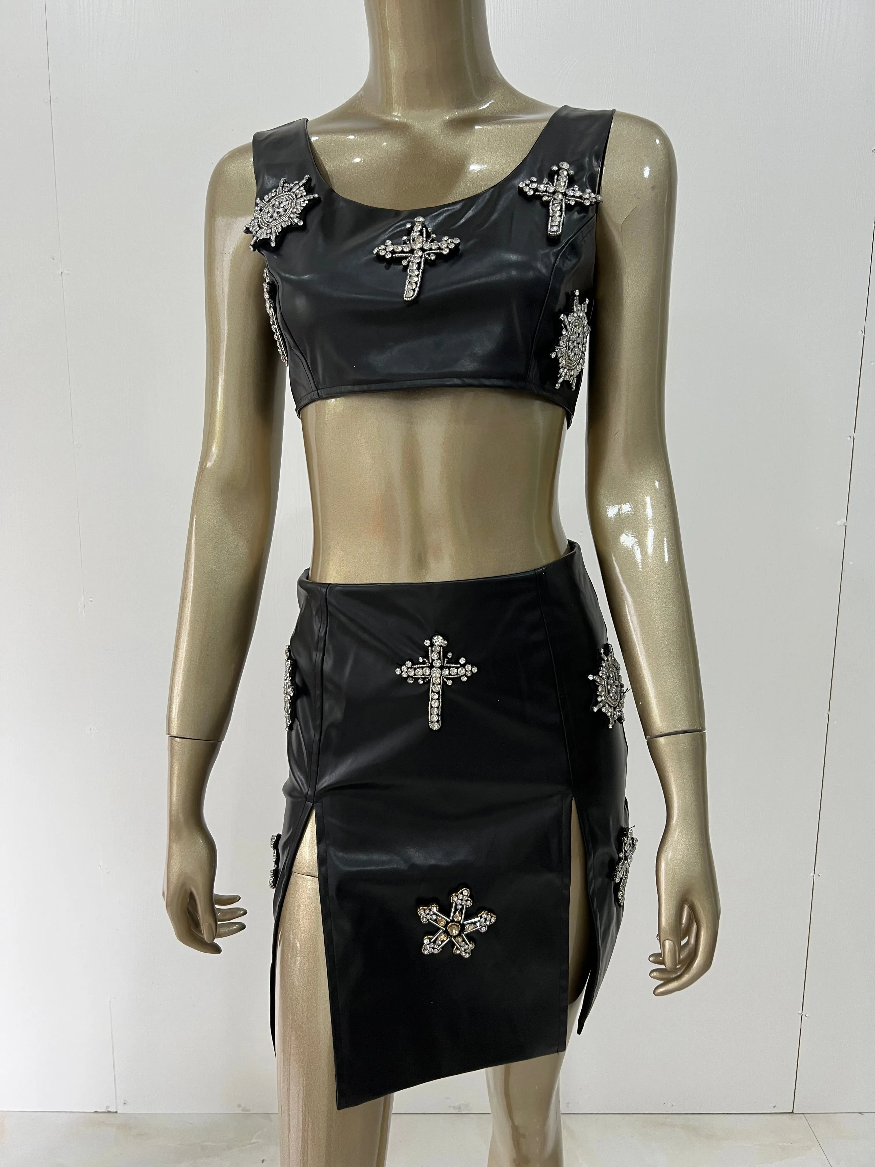 Tank Split Crystal Beading Faux Leanther Black Bodycon Mini Set