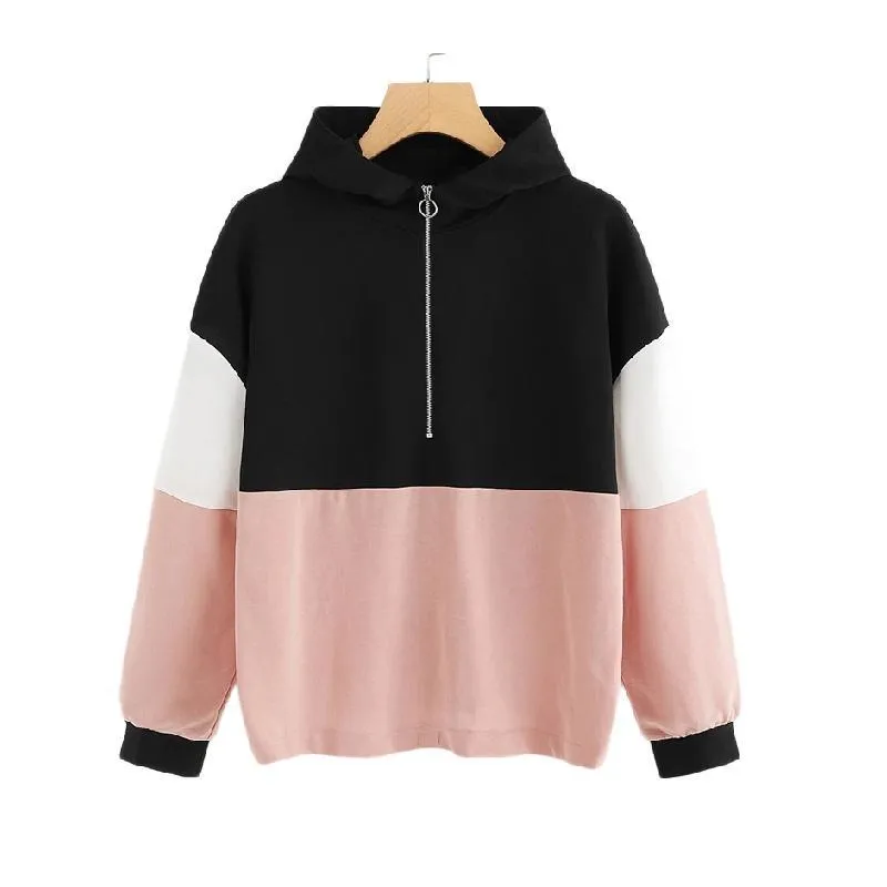 Three Tone Zip-Up Collar Hoodie
