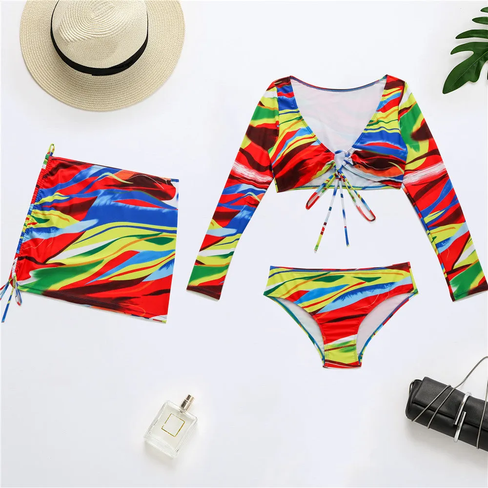 Tie Dye Long Sleeve 3 PCS Bikini Set Swimwear