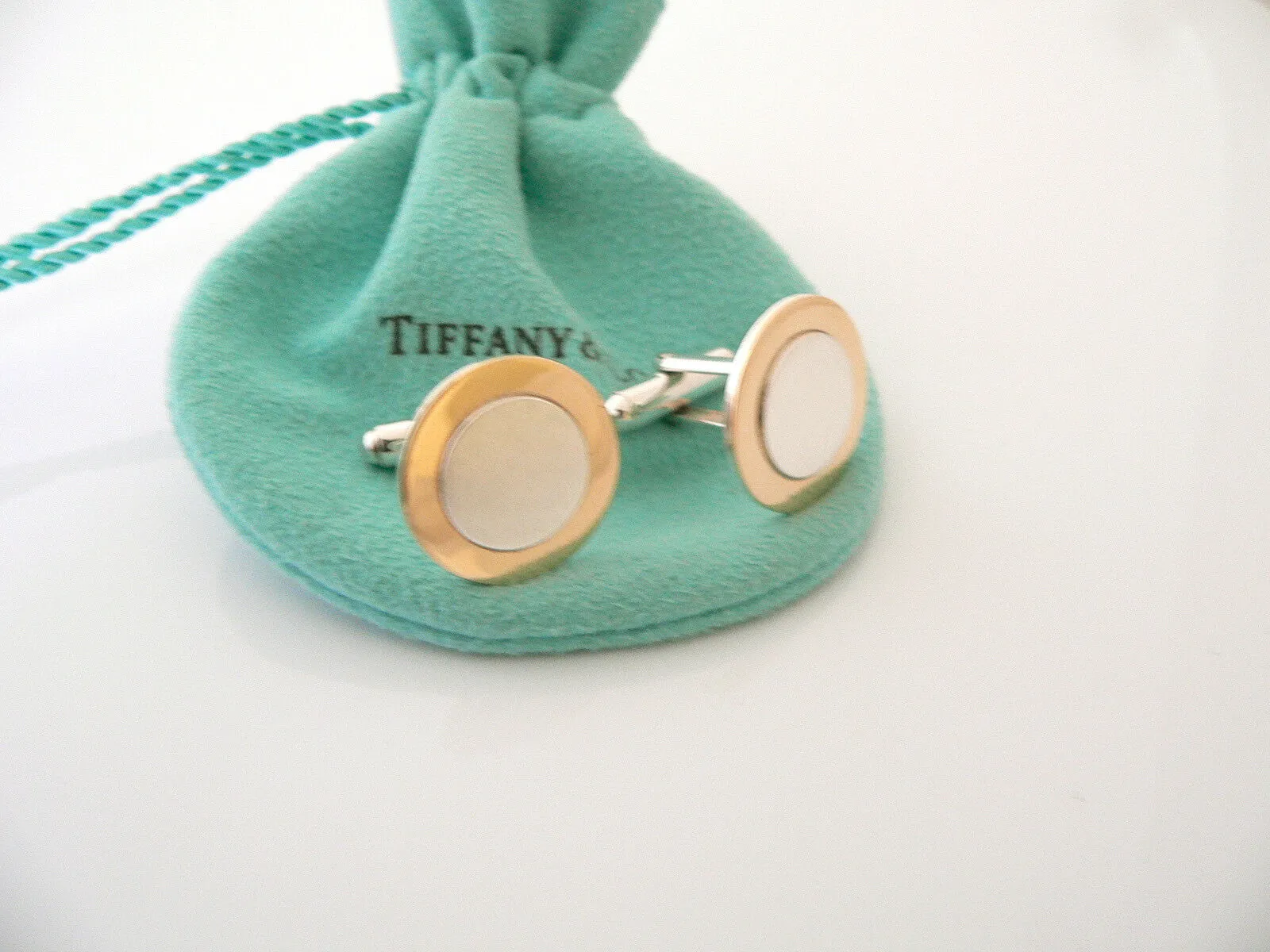 Tiffany & Co Silver 18K Gold Circle Cuff Links Rare Engravable Gift Pouch Love