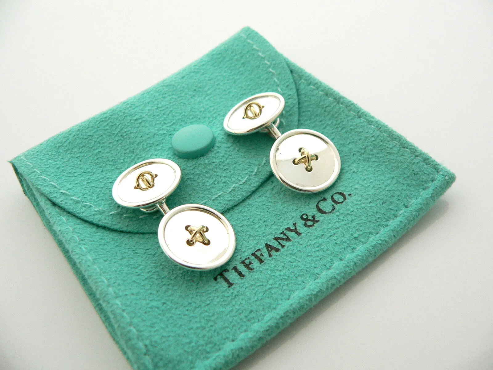 Tiffany & Co Silver 18K Gold Double Button CuffLinks Cuff Links Gift Pouch Love