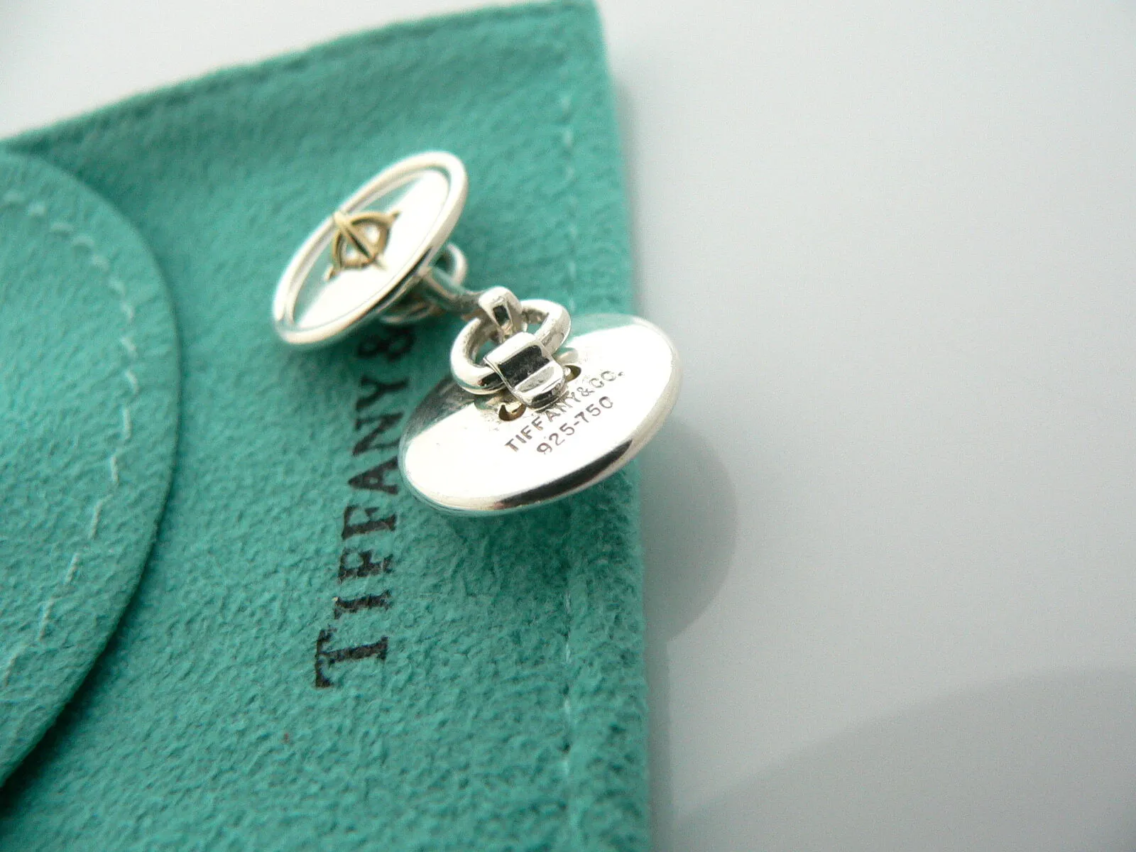 Tiffany & Co Silver 18K Gold Double Button CuffLinks Cuff Links Gift Pouch Love