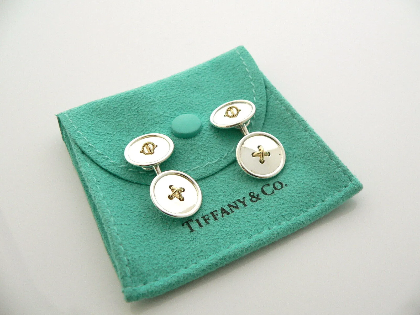 Tiffany & Co Silver 18K Gold Double Button CuffLinks Cuff Links Gift Pouch Love