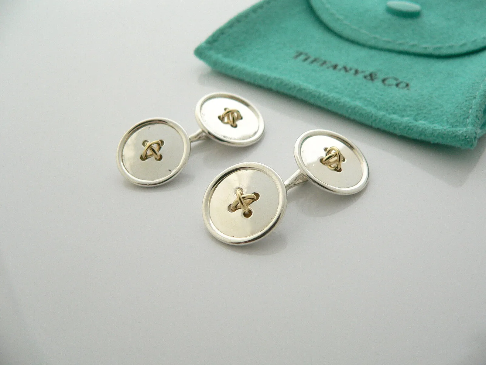 Tiffany & Co Silver 18K Gold Double Button CuffLinks Cuff Links Gift Pouch Love