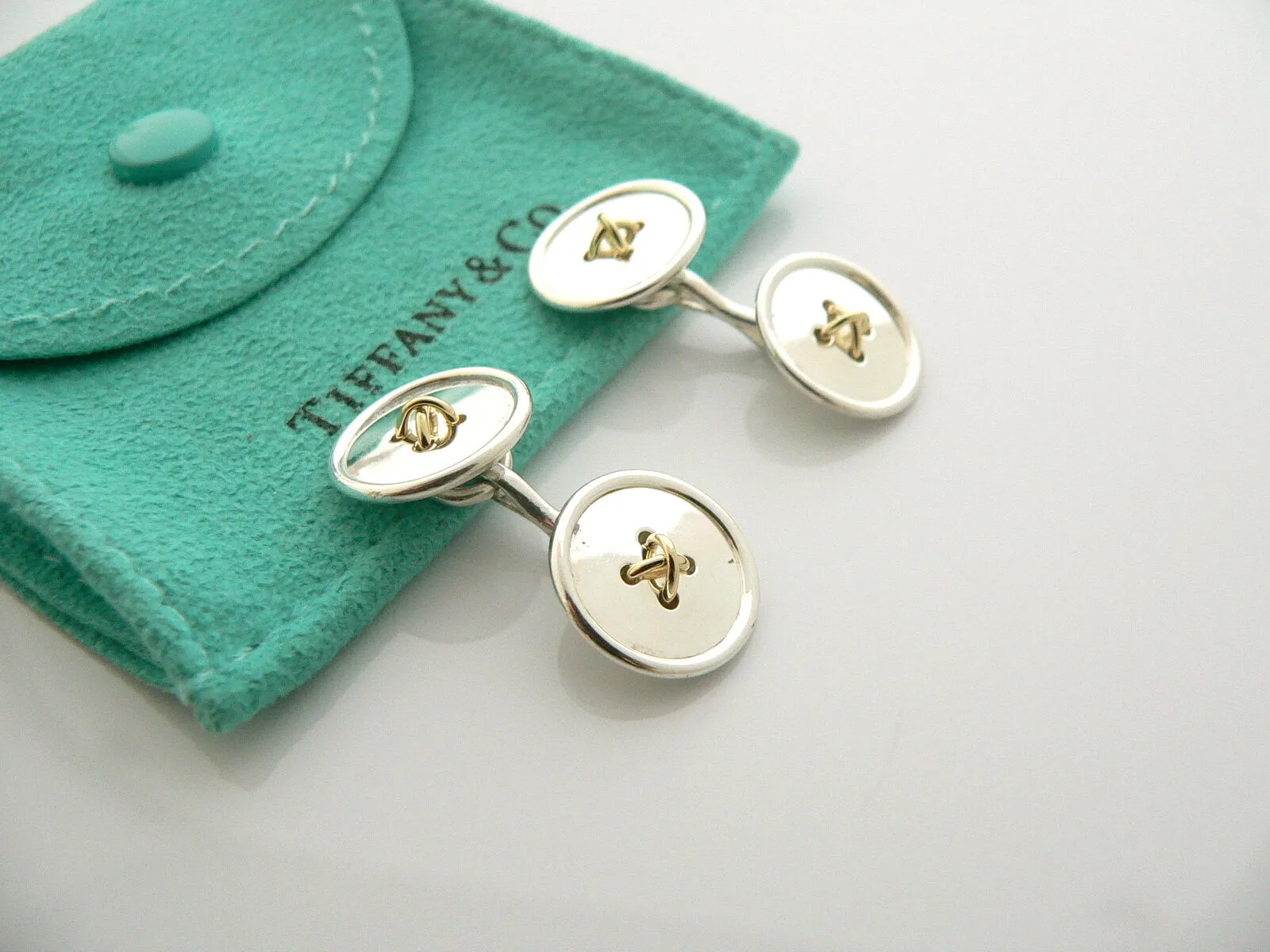 Tiffany & Co Silver 18K Gold Double Button CuffLinks Cuff Links Gift Pouch Love