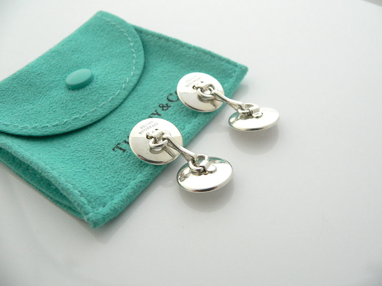 Tiffany & Co Silver 18K Gold Double Button CuffLinks Cuff Links Gift Pouch Love