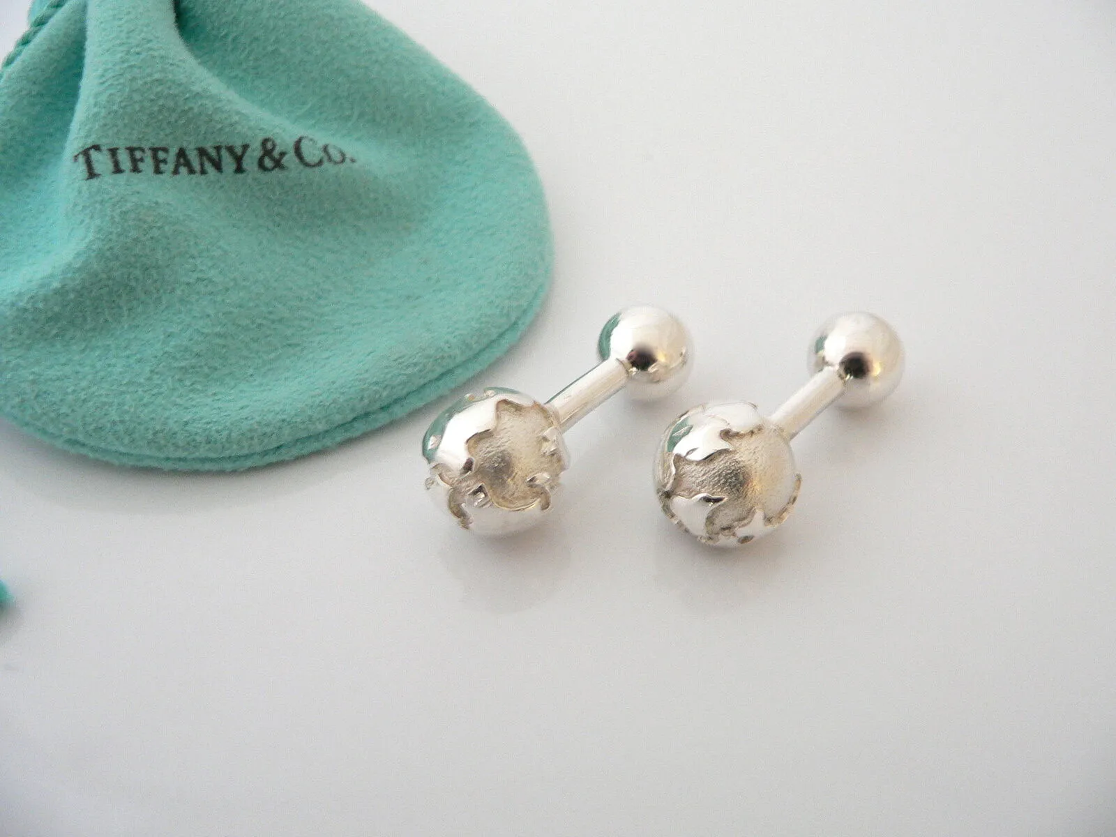 Tiffany & Co Silver Globe Cuff Link Cufflink Cufflinks Travel Gift Pouch Love