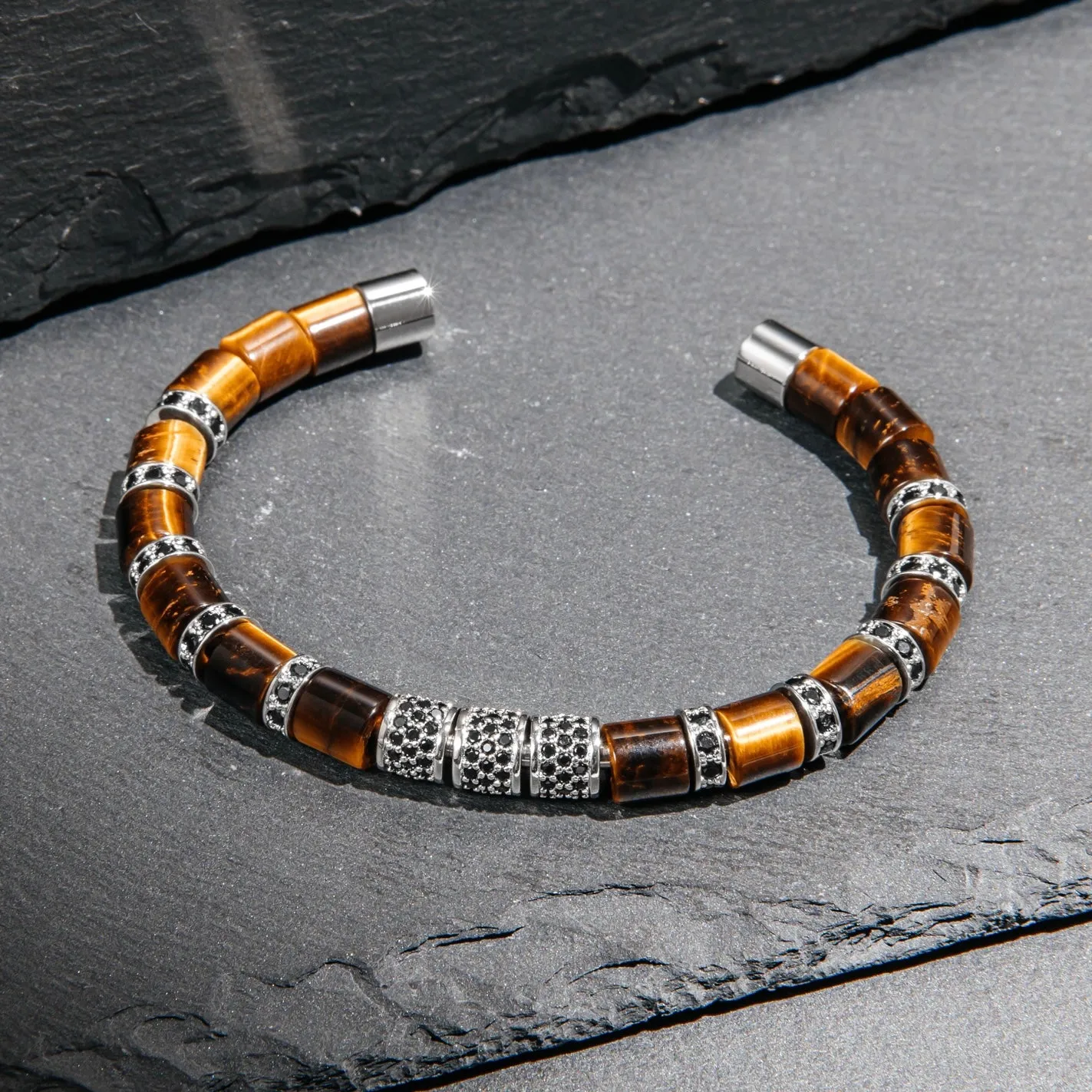 Tiger Eye & Silver Beads Cuff Bracelet